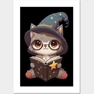 Magical Cat with a Spellbook - Adorable Magic Cat Cartoon Posters and Art